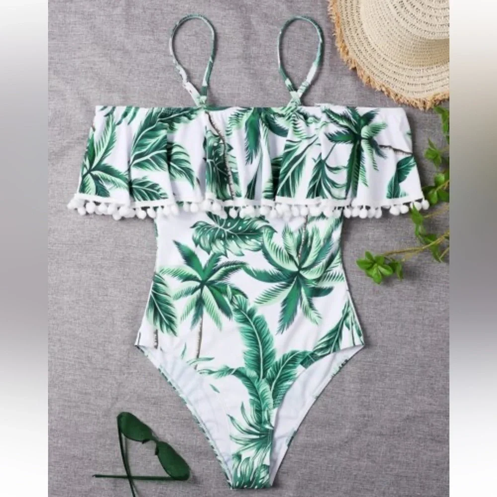 Shein Tropical Pom-Pom Trim Flounce One Piece Swimsuit size small